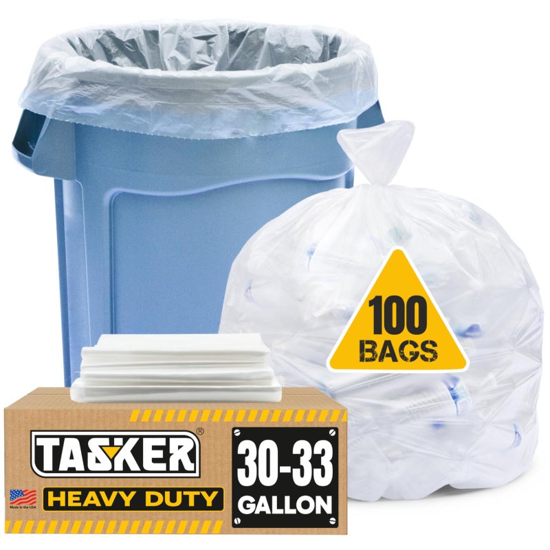 Tasker 3033 Gallon Trash Bags Heavy Duty Value 100Bags wTies Clear Large Plastic Recycling Garbage Bags 30 Gal 32 Gallon Clear Large Trash Bags